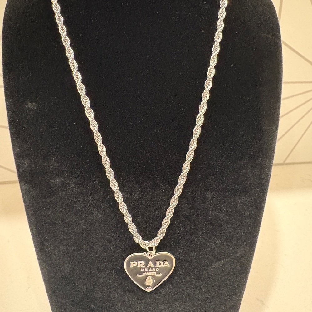 Upcycled Prada Heart Pendant Necklace in Silver - Picture 2 of 4